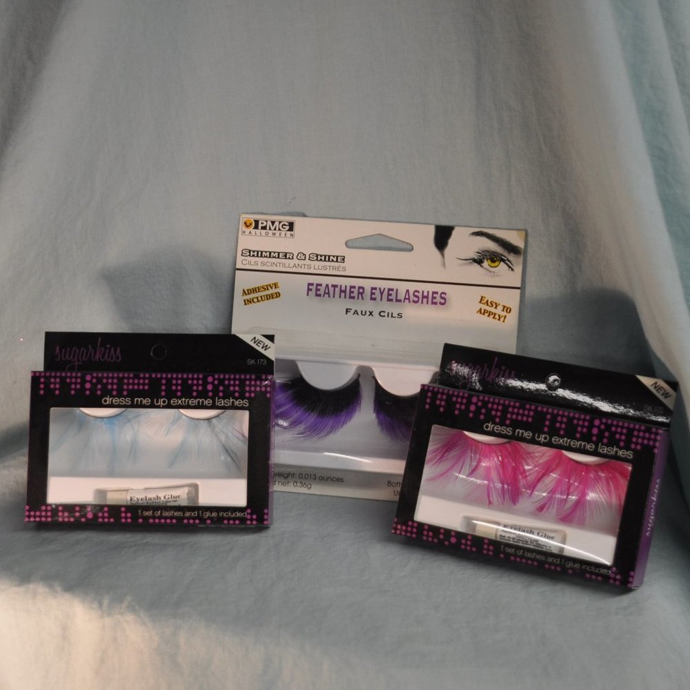 Buy2Get1 - bundle of 3 false eyelashes feather NIB blue pink purple/black (34)